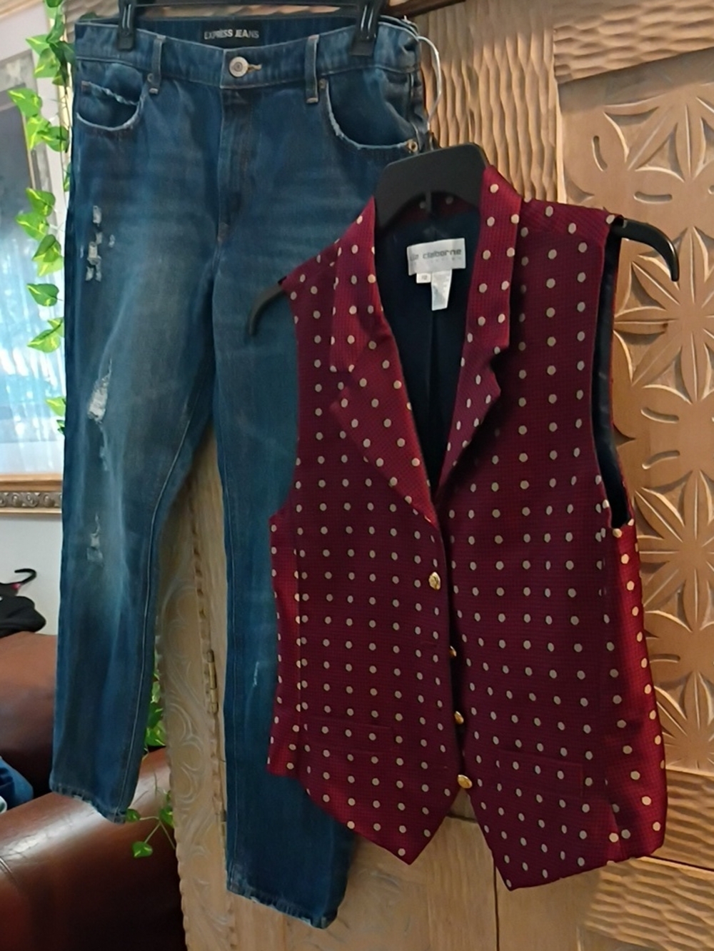 Liz Claiborn Burgundy Polka Dot Vest with Gold Buttons - Women, Express Jeans